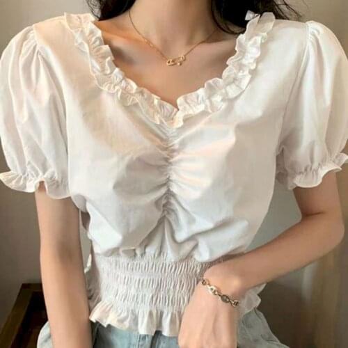 French V-neck Puff Sleeve Blouse Solid Color frills 2021 Summer New Design Feeling Waist Thin Ruffled Elegant Short Sexy Top
