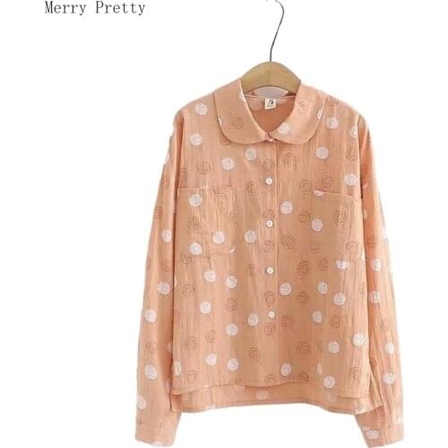 Women Cartoon Print Cotton Blouses Long Sleeve Turndown Collar Pockets Blouse 2020 Spring Femme Casual Loose Top And Blouses