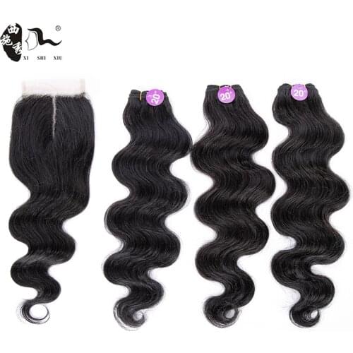 Brazilian Body Wave Hair Weave Bundles 70% Human Blending Hair Bundles With Lace Closure Non Remy Hair Extensions XISHIXIU