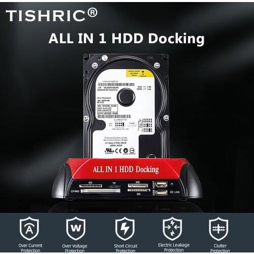 TISHRIC All In 1 HDD Docking Station Dual USB 2.0 2.5" 3.5" IDE SATA External HDD Box Hard Disk DRIVE Enclosure Card Reader 3TB