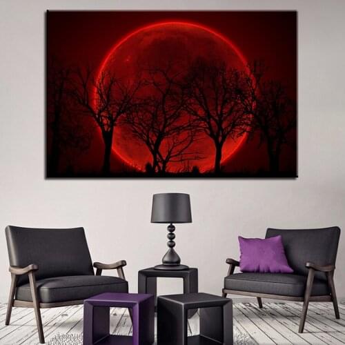 Home Decor Canvas HD Print Pictures Wall Art 1 Piece/Pcs Red Moon Night Psychedelic Forest Painting For Living Room Trees Poster