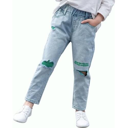 Jeans Girl Letter Pattern Childrens Jeans For Girls Big Hole Ripped Jeans For Children Teenage Clothes For Girls