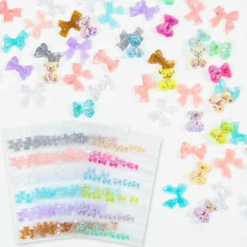 1 Pack 3D Cute Aurora Bear/Bow Ties Resin Nail Art Decorations For Nails Glitter Rhinestone DIY Multicolor Bowknot Accessories