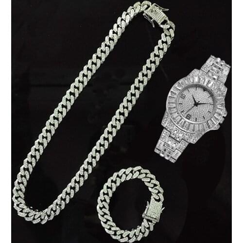 3pcs Kit 12MM Hip Hop Iced Out Necklace+Watch+Bracelet Paved Rhinestones Full Miami Cuban CZ For Men Women Charm Jewelry