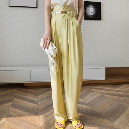 New Arrival Fashion Spring Loose Suit Pants Ladies OL High Street Casual High Waist Straight Pocket Wide-Leg Thin Long Pants