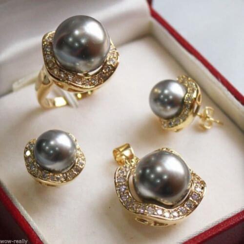 Hot sale new Style >>>>>New 10mm & 14mm Gray South sea Shell Pearl Earrings Ring Pendant Jewel Set