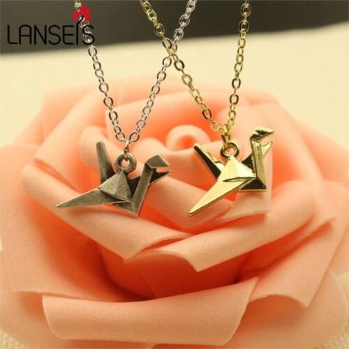 Lanseis 1pcs women Sweet Korean style Origami Necklace Animal Crane Jewelry Bird Necklace girl cute Pendant Charm jewelry