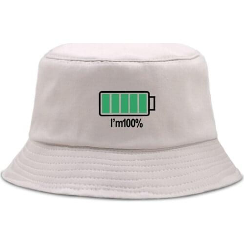I'm 100% Battery Harajuku Bucket Hat Unisex Outdoor Fisherman Cap Fishing Sun Shade Mens Caps Casual High Quality Panama Hats