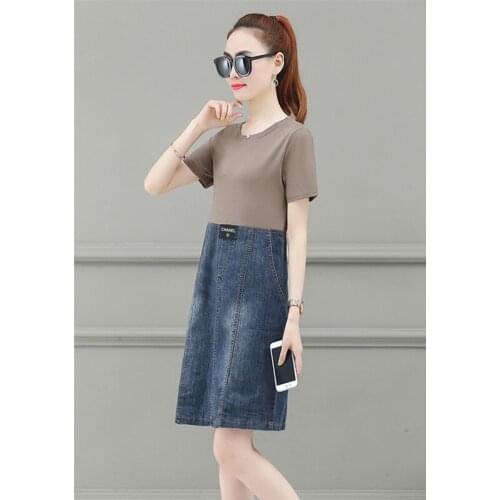 Elegant Big Size Denim Midi Dress Women Ladies Large T Shirt Jeans Cotton Dress Summer Women Straight Frocks Loose Sundress