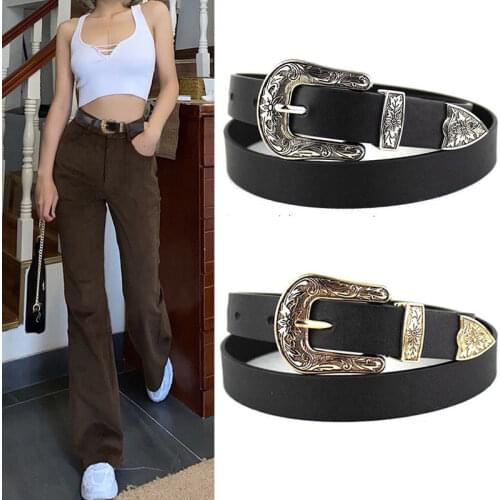 Women Black Leather Western Cowgirl Waist Belt Single/Double Metal Buckle Waistband High Quality Ladies Luxury Designer Belts