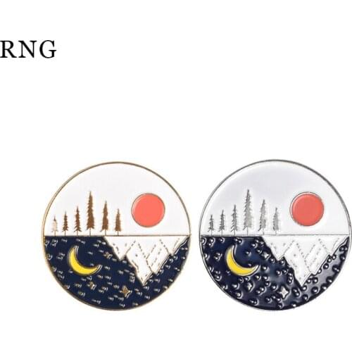 RNGNew round sun moon star gold and silvery frame, big trees, hills, creative design, backpack badge, enamel pins, friend gift