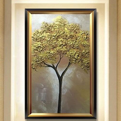 Hand painted thick textured trees oil painting designed gold tree picture Relief artwork vertical golden canvas wall art