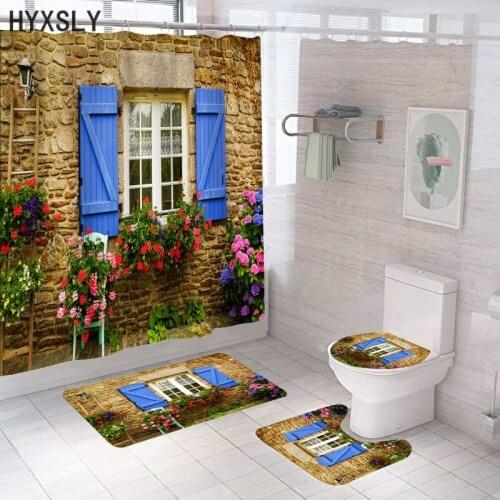 Garden Flower Scenery 3D Bathroom Waterproof Fabric Shower Curtain Polyester 12 Hooks Bath Accessory Sets and Toilet Lid Cover