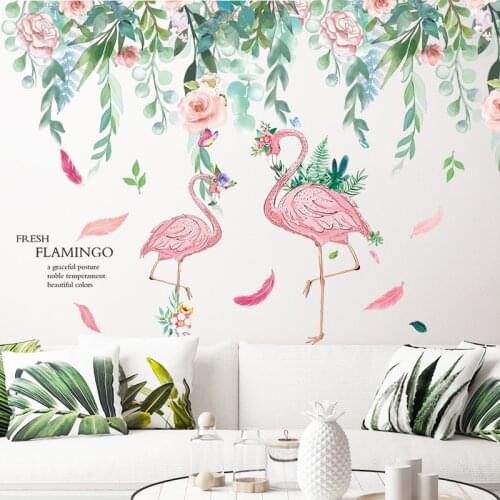 [shijuekongjian] Flower Leaves Wall Sticker DIY Flamingo Animal Wall Decals for House Living Room Bedroom Nursery Decoration