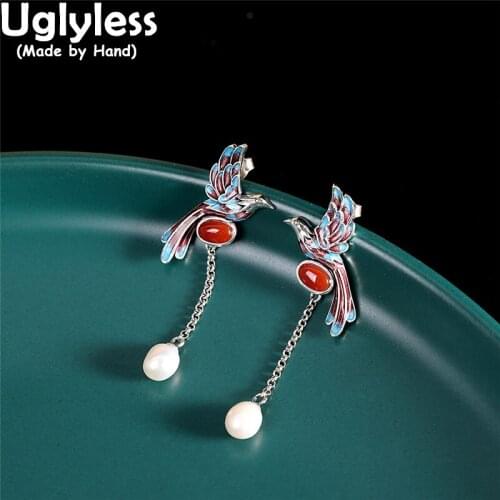 Uglyless Enamel LOVE Birds Earrings for Women Creative Animals Brincos Natural Pearls Tassels Earrings 925 Silver Agate Jewelry