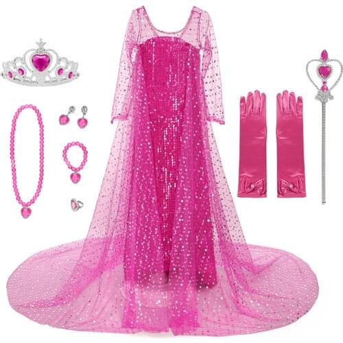 Elsa Girls Princess Dress Kids Sequins Costume With Cloak Children Snow Queen 2 Halloween Party Cosplay Elsa Fancy Dress