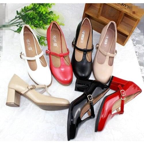 Original Handmade Custom Womens Leather Round Toe Shallow Mouth Thongs Retro Sheepskin High Heel Mary Jane Womens Single Shoes