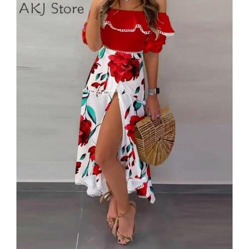 Womens Fashion Off Shoudler lace Trim Top & Slit Skirt Set