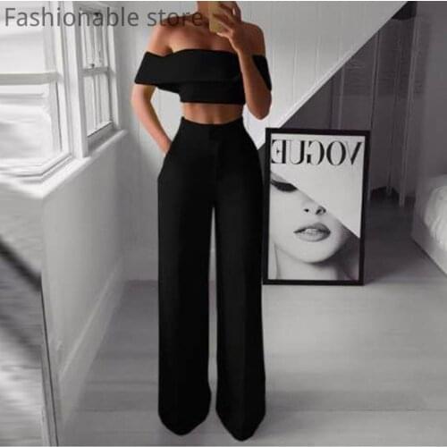Women Sexy Off Shoulder Crop Top and High Waist Wide Leg Pants Summer Elegant Solid Color 2pcs Set