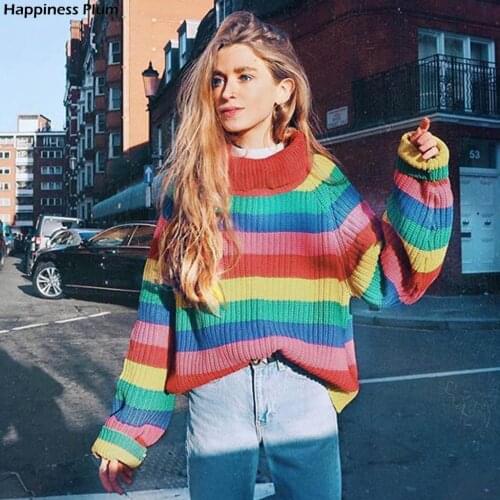 Women Sweater Rainbow Stripe Knitted Turtleneck Sweater Ladies Fashion Autumn Winter Casual Loose Long Sleeve Pullover Sweater