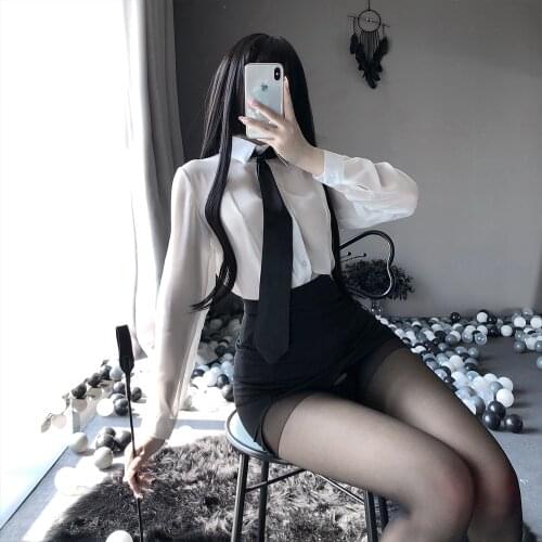 Women Erotic Porno Temptation College Girl Sexy Lingerie Office Teacher Uniform Cosplay Costumes Long Sleeve Shirt Mini Skirt