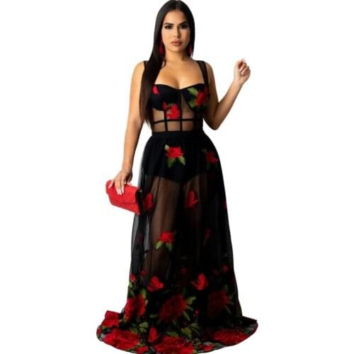 Mesh Maxi Dress Women Spaghetti Strap Square Collar Robes Fashion Elegant Floral Embroidery Sexy Gauze Party Dress Vestidos Gown