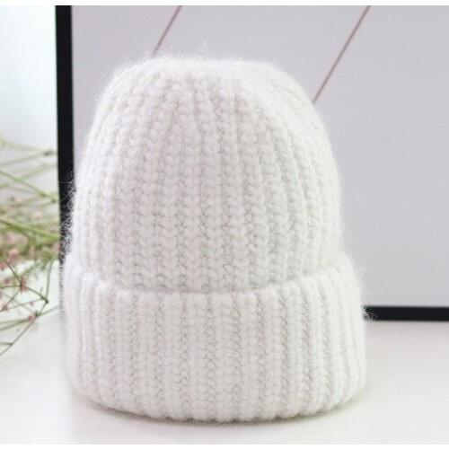 100% Rabbit fur knitted beanies caps Winter female women casual solid thick warm Skullies hats gorros