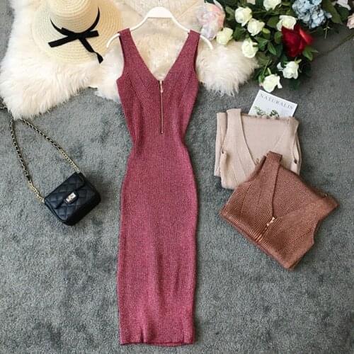 2020 Summer New Zipper Knitted Women Dresses V-Neck Slim Sexy Solid Lady Elegant Party Dress Top Quality