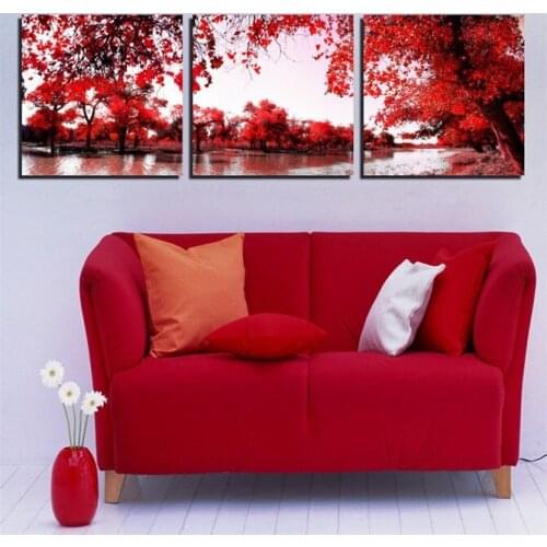 3 Pieces Canvas Wall Art Red Tree Modern Wall Paintings On Canvas Beautiful Lake Scenery Oil Painting In High Quality Unframed