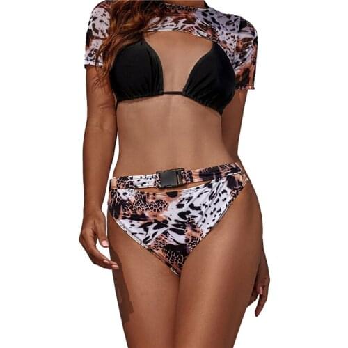 3PCS Womens Short Sleeve Mesh Bikini Swimwear Bathing Suit Brazilian Beach High Waist Bikini Set Sexy Leopard Buckle Swimsuit