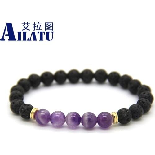 Ailatu 10 Pieces / Lot 8mm Black Lava Stone Jewelry Natural Purple Crystal Beads Stretch Energy Yoga Gift Bracelets