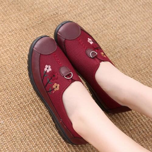 Women Ballet Flats Slip On Womens Loafers Flower Genuine Leather Mesh Comfort Mom Shoes Platform Elderly Working Sneakers