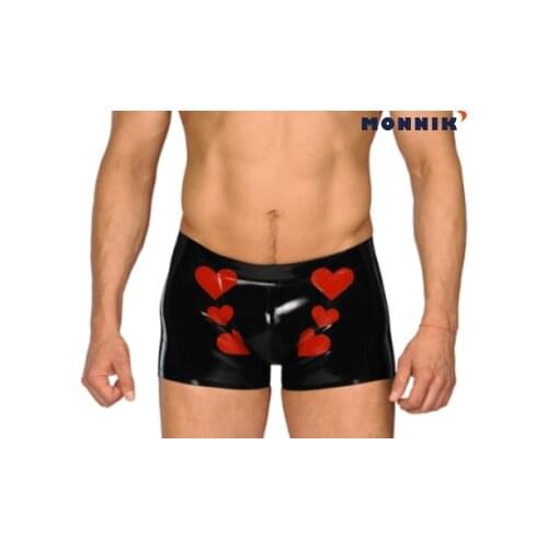 MONNIK latexSexy Lingerie2019 Latex Rubber Men Black Boxer Shorts With Red Love Pattern