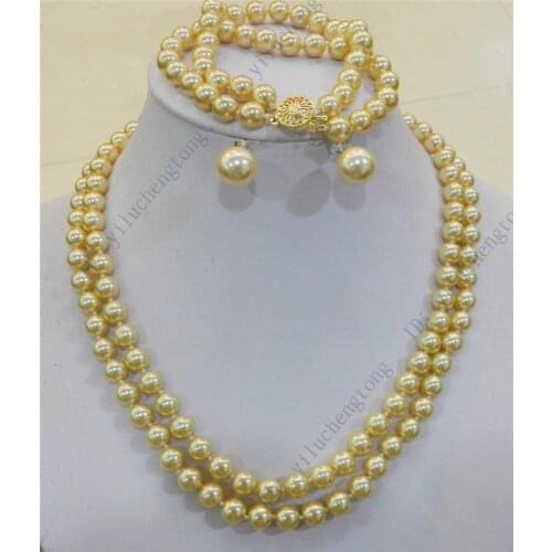 Fast shipping 2 Rows Gold color 8mm Sea Shell Pearl Necklace Bracelet, 12MM BIG Earring Set AAA YL(akk980)