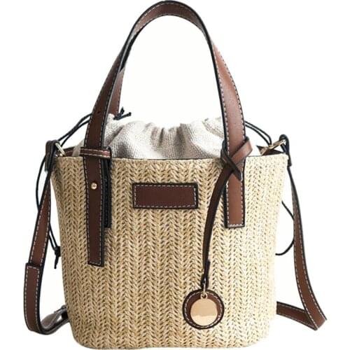 FGGS-Handmade Women Handbag Vintage Retro Beach Bag Straw Rope Knitted Big Messenger Bag Lady Fresh Paper Pack For Summer Tote(B