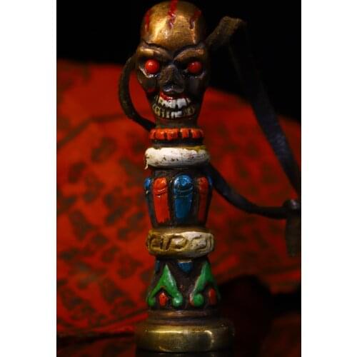 3"Tibet Temple Collection Old Bronze Tracing mosaic gem Skull head Pendant French seal seal eight treasures amulet Town House