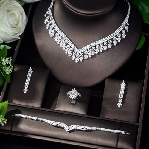 HIBRIDE Nigerian AAA Cubic Zirconia Bridal Wedding Jewelry Set Geometric Design Earrings and Necklace Set bijoux mariage N-1129