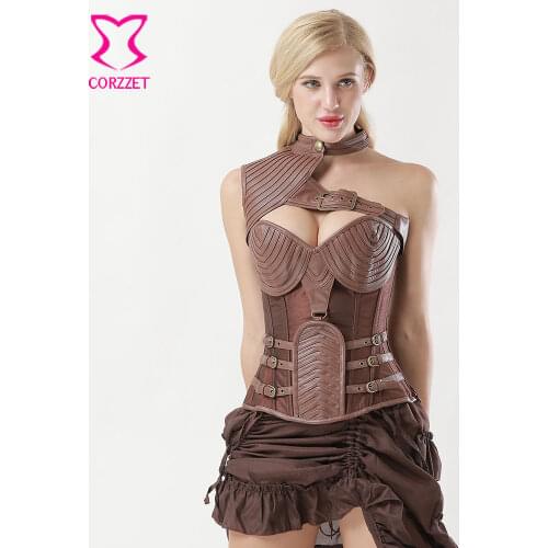 6XL Brown Leather Armor Steampunk Corset Steel Bone Plus Size Corsets And Bustiers Vintage Gothic Clothing Corpetes E Corselet