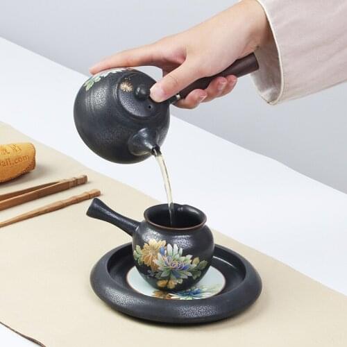Creative Wooden Handle Japanese Side Teapot Ceramic Teapot Kung Fu Tea Set Tea Maker Teapot With Filter Pot Hole