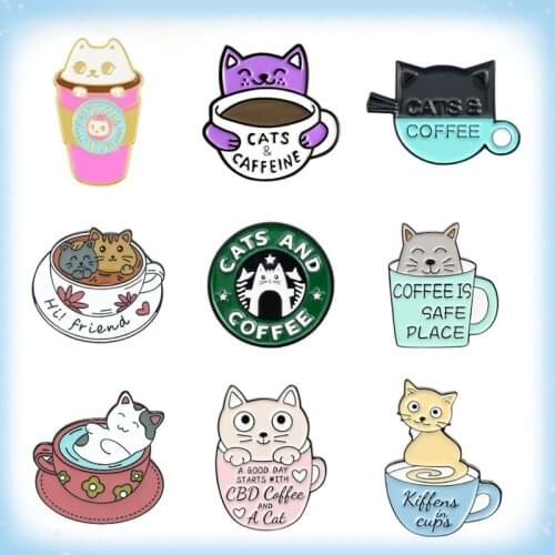 Cute Coffee Mug Lapel Pin Cups Badges Cats and Coffee Enamel Pins Collection Kittens Brooches for The Lover Cat Gifts Wholesale