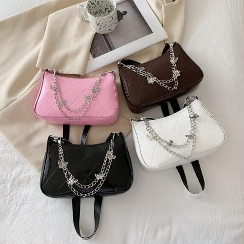 Fashion Women Butterfly Chain Shoulder Bags PU Leather Lattice Pattern Armpit Bags Small Solid Color Underarm Bags