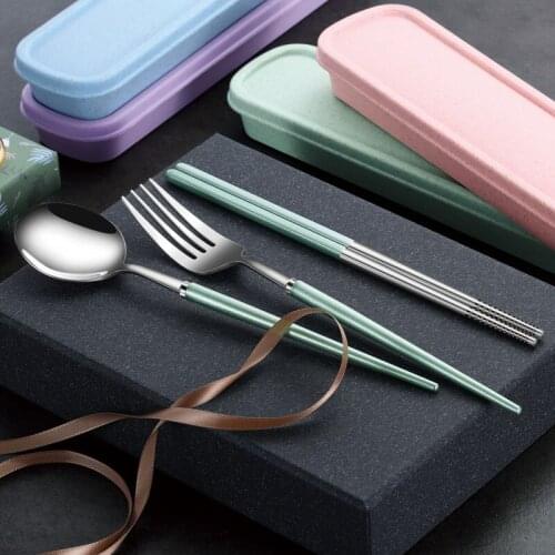 304 Stainless Steel Portable Fork Spoon Chopsticks Tableware Set Student Travel Lunch Box Three-piece Fork Spoon Chopsticks Set
