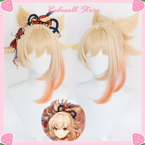 Genshin Impact Yoimiya Wig Cosplay INAZUMA 50cm Long Graidient Blond Orange Heat Resistant Synthetic Hair Adult Free Wig Cap