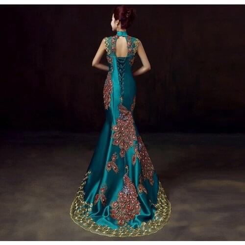 East Asia Style Wedding Cheongsam Green Embroidery Chinese Evening Mermaid tail Dress Long Oriental Style Party Robe Dresses