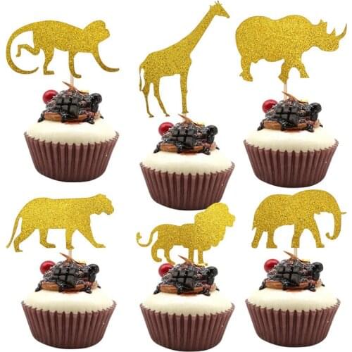 QIJOYJU 24pcs Jungle Safari Happy Birthday Zoo Animals Paper Cupcake Topper Baby Shower 1st Birthday Party Decoration Supplies