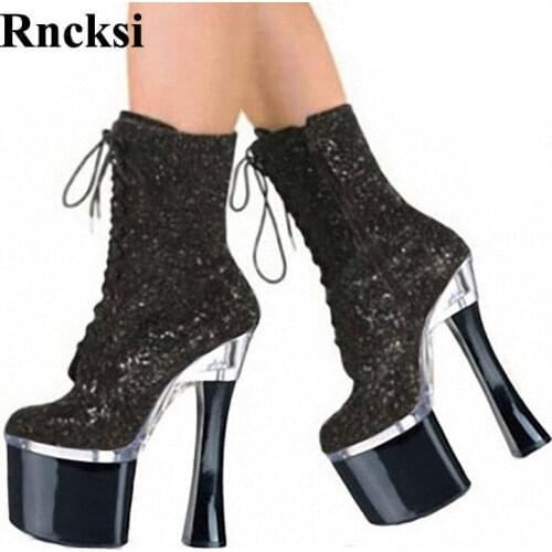 Rncksi Round Toe Party Quee Lace Up Chick Square Heels Shoes Womens Ankle Boots Back Dance Shoes 18cm Square Heels Boots