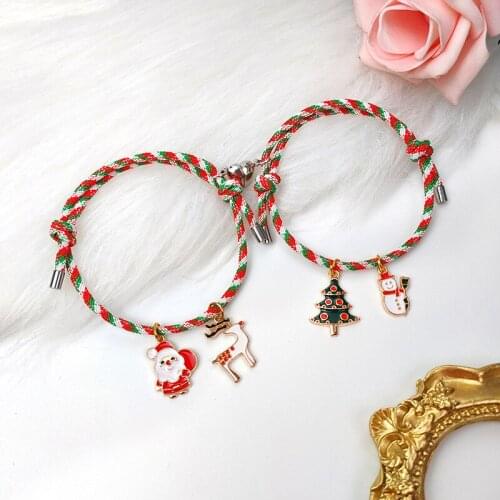 2pcs/set Christmas Santa Claus Rope Bracelet Jingle Bell Magnet Couple Bracelet Happy New Year Jewelry Gift For Girls Women Men