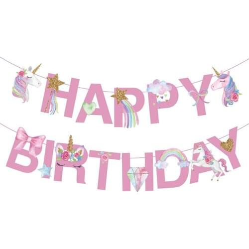 Pink Happy Birthday Banner For Unicorn Birthday Party Decorations Kids Girl 1st Birthday Rainbow Paper Hanging Flag