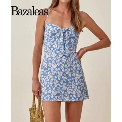 Bazaleas Chic blue summer Floral Print Dress Retro Dresses Sexy Vestidos Women bow ties Midi Dress