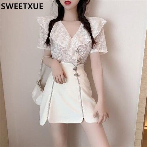 SWEETXUE Women French Lace Tops Skirts Suit V-neck Ruffled Blouse + Butterfly Buckle Split Mini Skirt Elegant Fashion 2Piece Set
